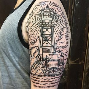 Lighthouse and ship. #RobBanks #linework #lighthouse #ship #boat #ocean