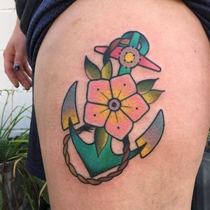 Anchor Tattoo by Nick Stambaugh #anchor #anchortattoo #traditonal #traditionaltattoo #brighttattoos #neon #neontattoo #colorful #quirky #creativetattoos #NickStambaugh