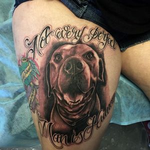 Black and grey pit bull portrait tattoo by Joseph Barrios. #realism #lettering #dog #blackandgrey #pitbull #JosephBarrios