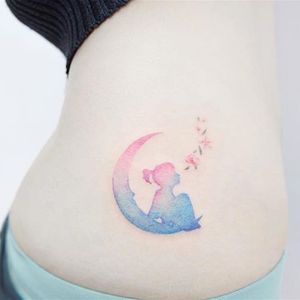 Moon Girl by Banul (via IG-tattooist_banul) #girl #flowers #pastel #moon #space #delicate #tiny #Banul