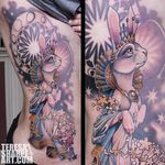 Neo traditional celestial rabbit tattoo by Teresa Sharpe. #neotraditional #TeresaSharpe #rabbit #celestial