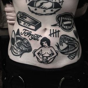 Blackwork stomach piece tattoos by Matty D'Arienzo. #MattyDArienzo #blackwork #traditional #woman #petitelamort #snake #bat #vampire #fangs #handshake #coffin