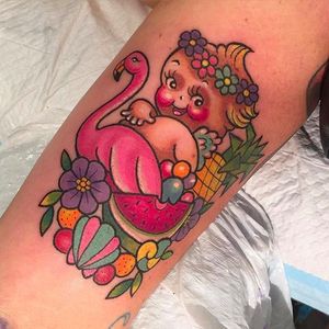 Fruity flamingo kewpie tattoo by Sarah K #SarahK #neotraditional #fruit #kewpie #flamingo #colorful #girly