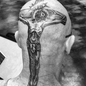 Hardcore! Head crucifix and some unknown soul dying on it by Judith White (via IG -- judithwhite) #judithwhite #headtattoo #crucifix