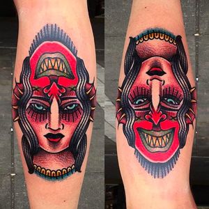 Insane looking demon head and lady tattoo done by Chris Papadakis. #ChrisPapadakis #traditionaltattoo #demon #lady