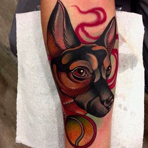 Dog tattoo by Manu Cruz #neotraditional #dog #tattoo #ball #ManuCruz