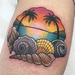 Beach tattoo by Stephanie Melbourne #StephanieMelbourne #neotraditional #colour #sunset #shells #beach