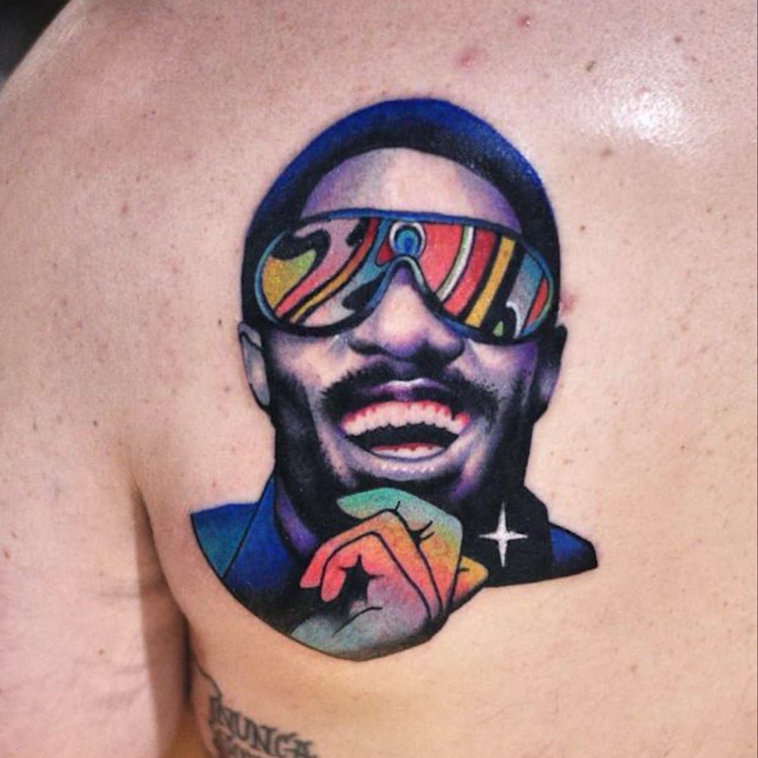 Tattoo uploaded by Ross Howerton  A trippy portrait of Stevie Wonder by  David Cote IGthedavidcote DavidCote portraiture StevieWonder trippy   Tattoodo