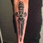 Blast over black and grey dagger tattoo by Nate Graves. #NateGraves #Sacred #blastover #blackandgrey #michigan #neotraditional #dagger