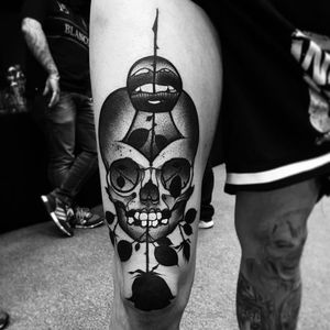 Skull tattoo by Julia Szewczykowska #JuliaSzewczykowska #blackwork #neotraditional #skull #blackrose #rose #lips