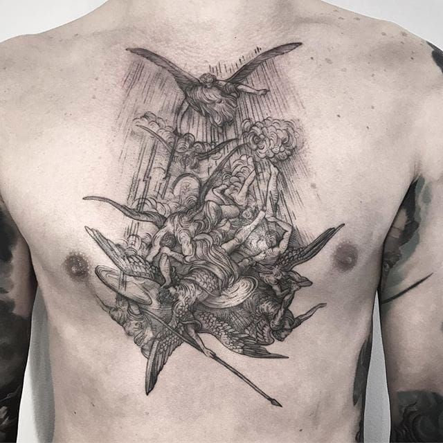 Tatuaje de ángeles y demonios por Lesya Kovalchuk.  #LesyaKovalchuk #blackwork #angel #demon #war #fight #fall angel