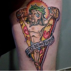 Jesus Pizza Tattoo by @duke801 #PizzaJesus #JesusPizza #PizzaTattoo #JesusTattoo #PizzaTattoos #JesusTattoos #FunnyTattoos #WeirdTattoos