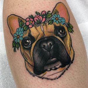 Cute pup tattoo by Ashley Luka #AshleyLuka #petportraittattoo #color #newtraditional #pet #dog #puppy #frenchbulldog #bulldog #flowers #daisy #babysbreath #cute #tattoooftheday