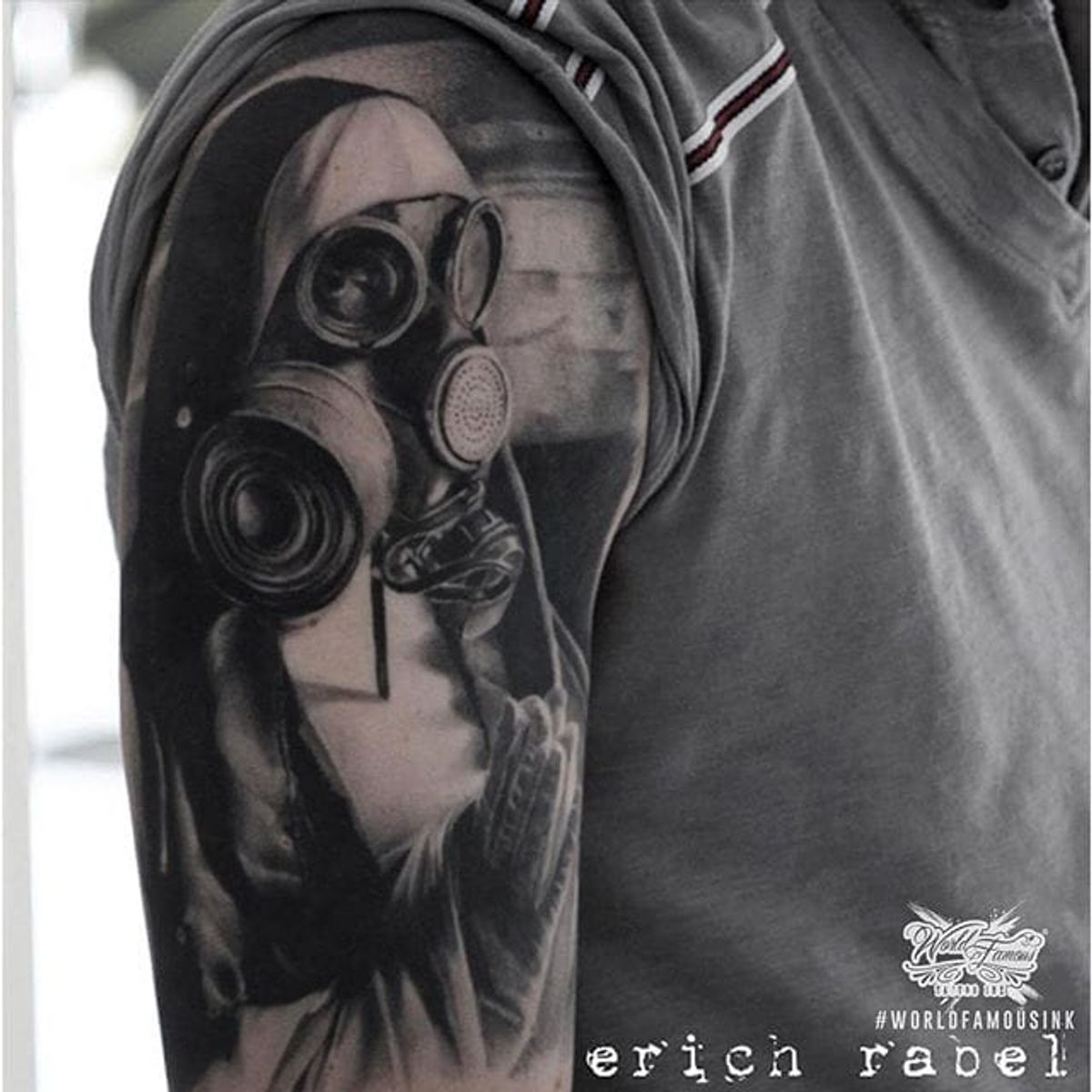 Tattoo uploaded by Xavier • Gas mask tattoo by Erich Rabel. #horrifying #creepy #macabre #portrait #horror #blackandgrey #gasmask Tattoodo