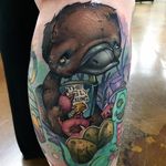 A sad and dejected looking new school platypus tattoo by Kelly Doty. #platypus #monotreme #australiananimal #newschool #color #KellyDoty