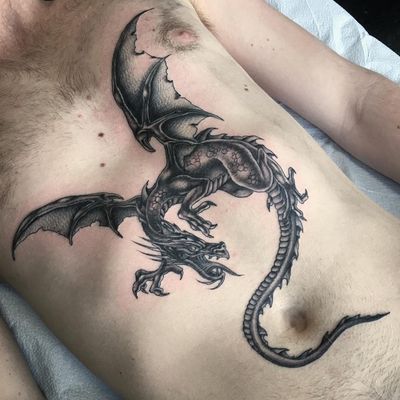 Dragon tattoo by Mina Aoki #MinaAoki #dragontattoos #dragon #mythicalcreature #mythical #beast #wings #magic #medieval #blackandgrey #scales