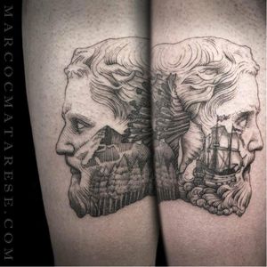 Surrealistic portrait tattoo #MarcoMatarese #engraving #bw #portrait #ship #forest #surrealistic