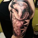 Beautiful Tyto owl tattoo done by Nathan Hebert. #nathanhebert #blackandgrey #owl #tyto #bird