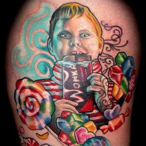 Augustus Gloop from the Tim Burton version of Willy Wonka is the ultimate sweet tooth #candytattoo #lollipop #sweet #cupcake #chocolate #wonka #augustusgloop