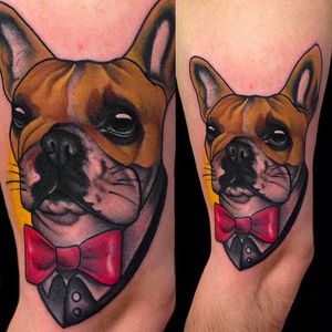 Cute animal portrait of a French bulldog. Tattoo by Giulia Bongiovanni. #giuliabongiovanni #neotraditional #animalportrait #frenchie #coloredtattoo
