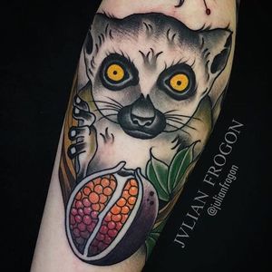 Traditional style lemur tattoo by Julian Frogon. #traditional #lemur #fruit #JulianFrogon #animal #nature