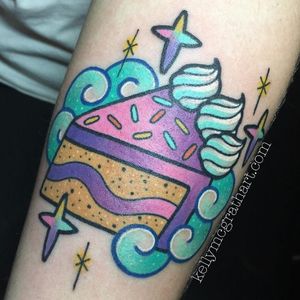 Cake tattoo by Kelly McGrath #KellyMcGrath #cake #neotraditional