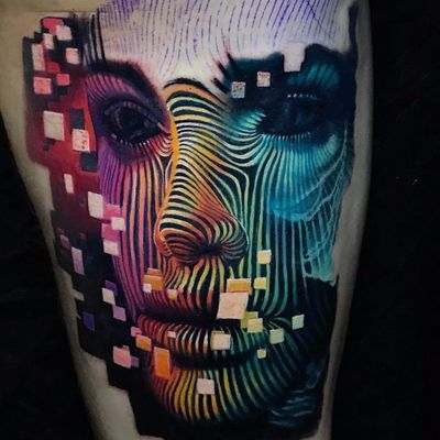 We are the matrix by Boris Tattoo #Boristattoo #boris #color #realism #realistic #hyperrealism #face #portrait #linework #shapes #rainbow #square #scifi #lady #tattoooftheday