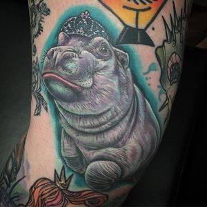 Princess hippopotamus tattoo by Mike DeVries. #princess #crown #hippopotamus #realism #colorrealism #MikeDeVries