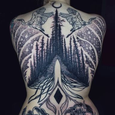 #linework #blackwork #dotwork #illustrative #nature #landscape #sky #stars #galaxy #trees #door #flowers #etching