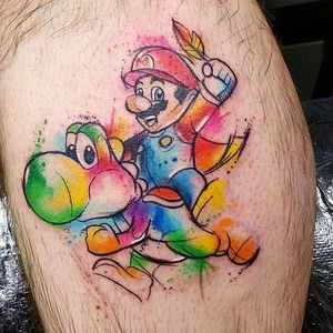 Mario and Yoshi Watercolor Tattoo by Josie Sexton #Watercolor #WatercolorTattoo #WatercolorTattoos #WatercolorArtists #WatercolorDesigns #WatercolorInspiration #JosieSexton