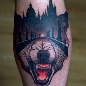 Awesome double exposure surreal tattoo by Kreatyves #Kreatyves #surreal #geometric #pattern #opticalillusion #doubleexposure #bear