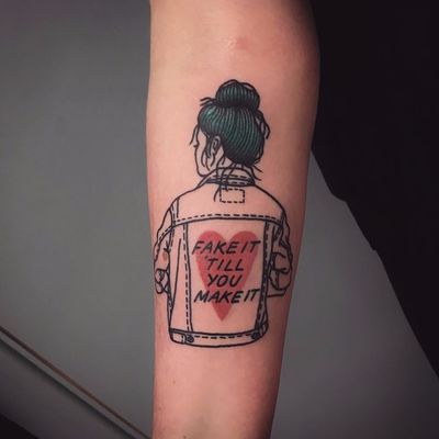 Cool girl tattoo by Cooley #Cooley #colortattoo #newtraditional #traditional #girl #lady #portrait #jeanjacket #quote #text #linework #cool #heart #besttattoos #tattoooftheday