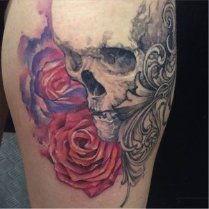 Skull tattoo by Dan Chase #DanChase #blackandgrey #skull #art #rose