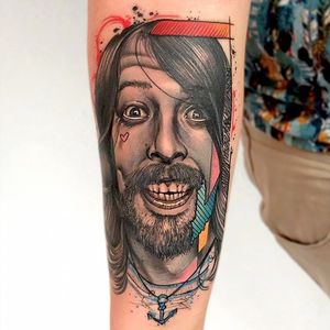 Dave Grohl tattoo by Tobias Burchert. #TobiasBurchert #traditionalartstyle #softpastel #contemporary #sketch #portrait #musician #celebrity