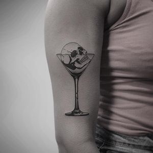 Martini of death tattoo by Welfaredentist #welfaredentist #drinktattoos #blackandgrey #graphic #popart #glass #martini #alcohol #drink #drunk #skull #death