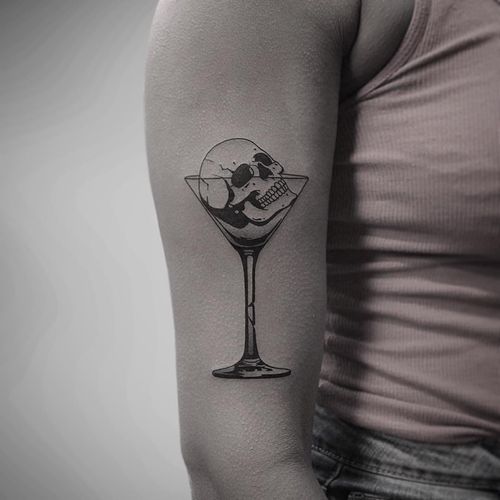 Martini of death tattoo by Welfaredentist #welfaredentist #drinktattoos #blackandgrey #graphic #popart #glass #martini #alcohol #drink #drunk #skull #death