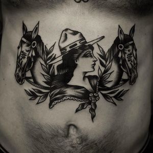 Cow girl and horses, beautiful stomach tattoo by Rich Hardy. #RichHardy #blackwork #traditionaltattoos #classictattoos  #americana #cowgirl #girl #horses