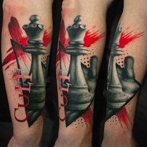 Chess piece tattoo by Michael Cloutier @cloutiermichael #Michaelcloutier #blackandgrey #blackandgray #blackandred #black #red #trashpolka #realism #chess