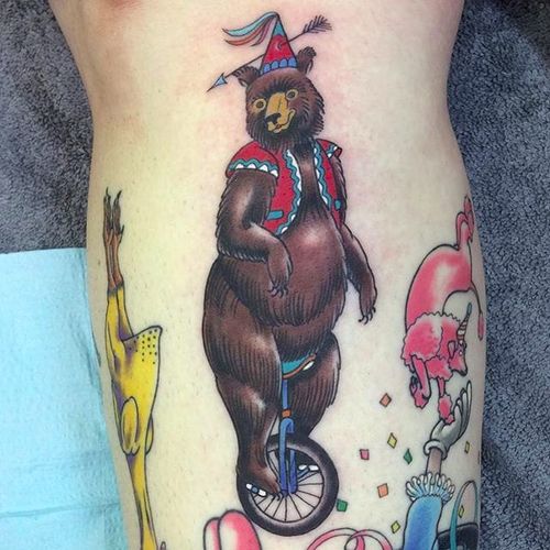 A bear wearing a hat and riding a unicycle? Now I've seen it all. By Jason G (via IG -- jasongdoestattoos) #jasong #bear #beartattoo #bearswearinghats #bearswearinghatstattoo