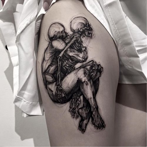 Dark tattoo by BK Tattooer #BKTattooer #contemporary #blackwork #graphic #skeleton