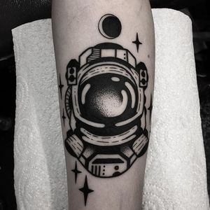 Astronaut Tattoo by Jaffa Wane #astronaut #astronauttattoo #blackwork #blackworktattoo #blackworkartist #darkart #JaffaWane