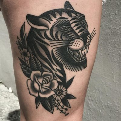 Rose tattoo by Javier Betancourt #javierbetancourt #rosetattoos #blackandgrey #traditonal #rose #flower #floral #leaves #plant #tiger #junglecat #cat #stripes