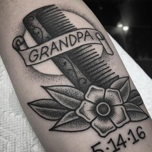 Grandpa Tattoo by Griffen Gurzi #memorialtattoo #traditional #traditioneltattoo #oldschooltattoo #oldschooltattoos #GriffenGurzi #dotwork #blackwork