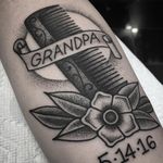 Grandpa Tattoo by Griffen Gurzi #memorialtattoo #traditional #traditionaltattoo #oldschooltattoo #oldschooltattoos #GriffenGurzi #dotwork #blackwork