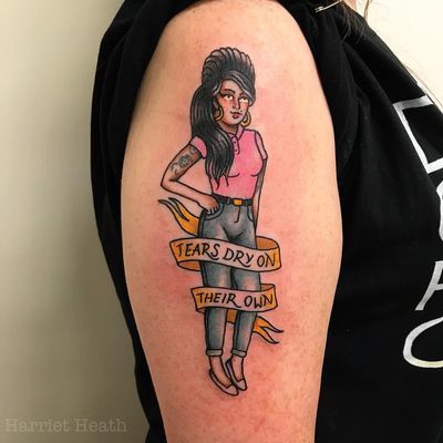 Amy Winehouse tattoo by Harriet Heath #HarrietHeath #musictattoos #portrait #lady #pinup #quote #AmyWinehouse #music #singer #famous #tears #sadness #song #banner #tattoooftheday