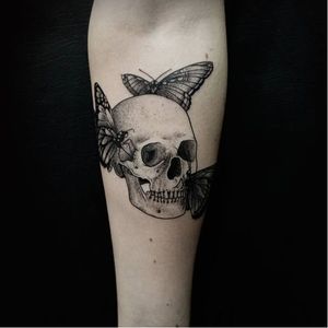 Skull tattoo by Oked #Oked #blackwork #surrealistic #butterfly #skull