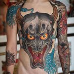Hannya tattoo by Johan Svahn #JohanSvahn #demontattoos #color #Japanese #Hannya #hannyamask #demon #devil #ghost #yokai #horns #evil #teeth #tassels #samurai #waves