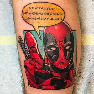 Cool comic style tattoo by unknown artist. Please help credit them! #Deadpool #comic #marvel