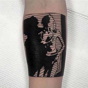 Woman's silhouette box tattoo by Charley Gerardin. #CharleyGerardin #box #portrait #contemporary #pointillism #blackwork #dotwork #handpoke #woman #silhouette