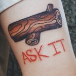 Classic Log Lady tattoo by unknown artist. If you don't get the reference, its time to finally watch David Lynch's Twin Peaks. #askit #DavidLynch #LogLady #neotraditional #TwinPeaks